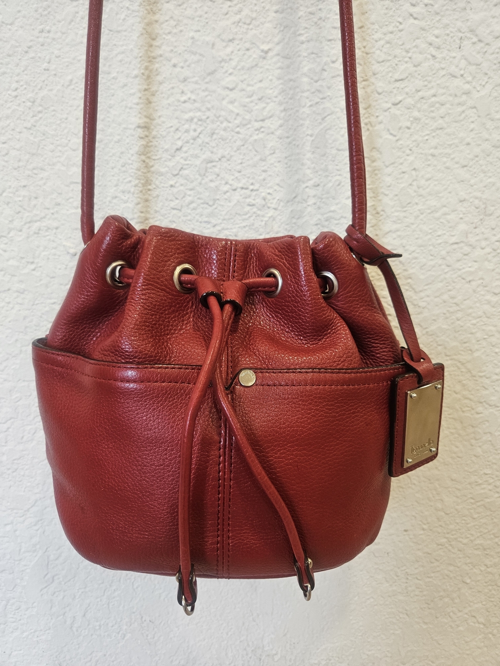 Tignanello Red Pebbled Leather Drawstring Bucket Crossbody Bag Shoulder Bag